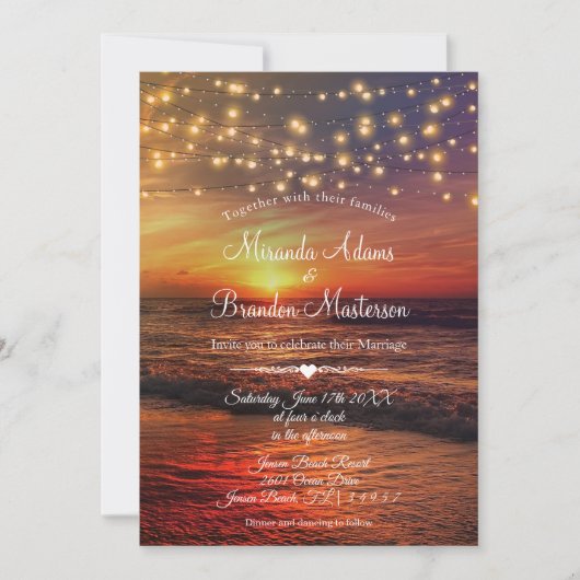 Elegante String Lights Foto Zomer Strand Bruiloft Kaart (Voorkant)