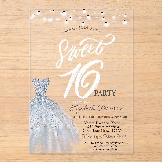 Elegante String Lights Jurk Stoffig Blauw Zoet 16 Acryl Uitnodigingen (Voorkant)