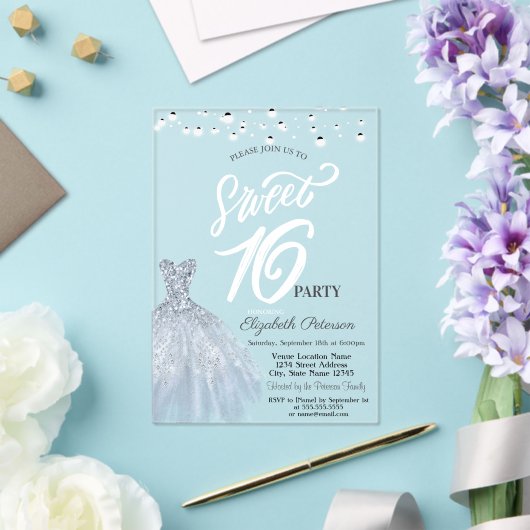 Elegante String Lights Jurk Stoffig Blauw Zoet 16 Acryl Uitnodigingen (Insitu (Huwelijk))