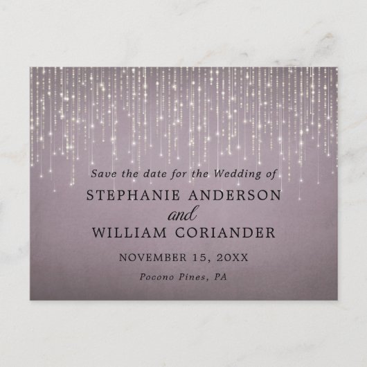 Elegante String Lights Mauve Bewaar de datum STD Aankondigingskaart (Voorkant)