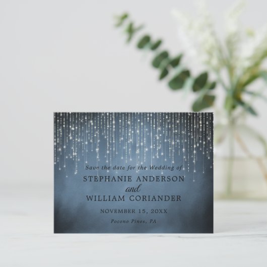 Elegante String Lights Navy Blue Save the Date STD Aankondigingskaart (Staand voorkant)