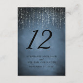 Elegante String Lights Navy Blue Trouwtafel No. Informatiekaartje (Voorkant)