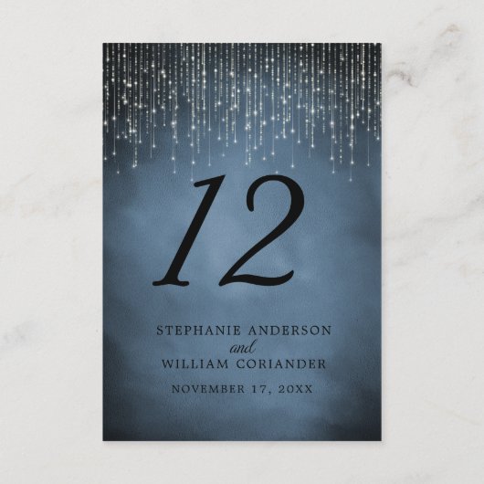 Elegante String Lights Navy Blue Trouwtafel No. Informatiekaartje (Achterkant)