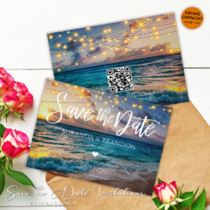 Elegante String Lights QR Code Sunset Beach Bruilo Save The Date