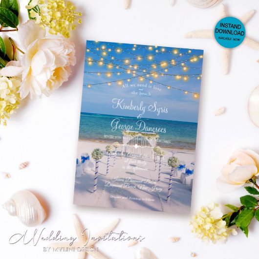 Elegante String Lights Zomer Ocean Beach Bruiloft Kaart