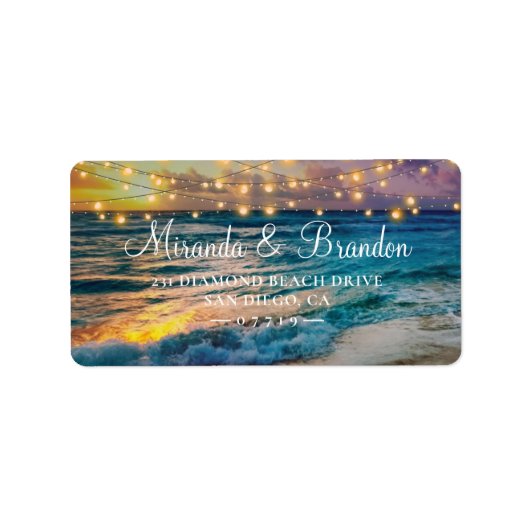 Elegante String Lights Zomer Sunset Beach Bruiloft Etiket (Voorkant)