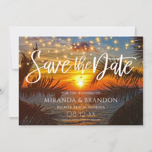 Elegante String Lights Zomer Zonsondergang Trouwst Save The Date (Voorkant)