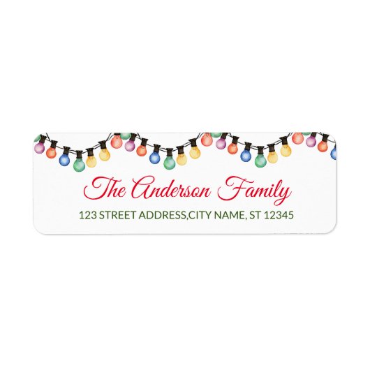Elegante string van vrolijke kerstgloeilampen etiket (Voorkant)