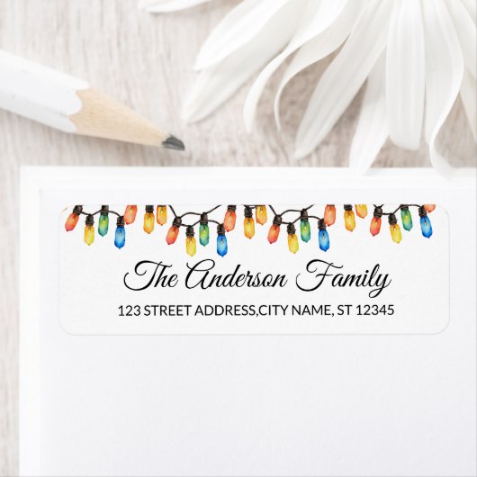 Elegante string van vrolijke kerstgloeilampen etiket (Insitu)