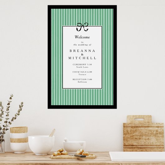 Elegante Stripe Black Border Bow Wedding Welkom Poster (Keuken)