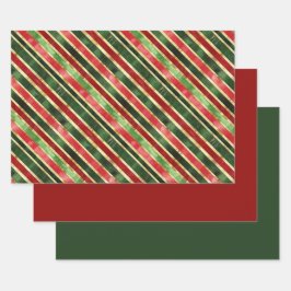 Elegante Stripes Goud Rood Groen Kerst Inpakpapier Vel