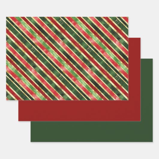 Elegante Stripes Goud Rood Groen Kerst Inpakpapier Vel (Set)