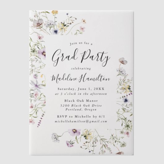 Elegante subtiele Wildflowers Afstudeerfeest Vellum Uitnodigingen (Voorkant)