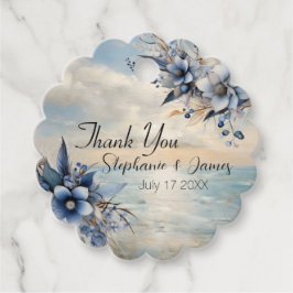 Elegante subtiele zonsondergang en bloemenbruiloft bedankjes labels