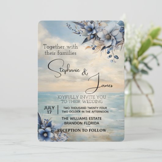 Elegante subtiele zonsondergang en bloemenbruiloft kaart (Staand voorkant)