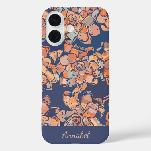 Elegante Succulent Bloemen Custom Naam Navy Blue Case-Mate iPhone Case (Achterkant)