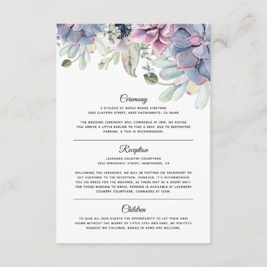 Elegante Succulent Florals Trouwinformatie Informatiekaartje (Voorkant)