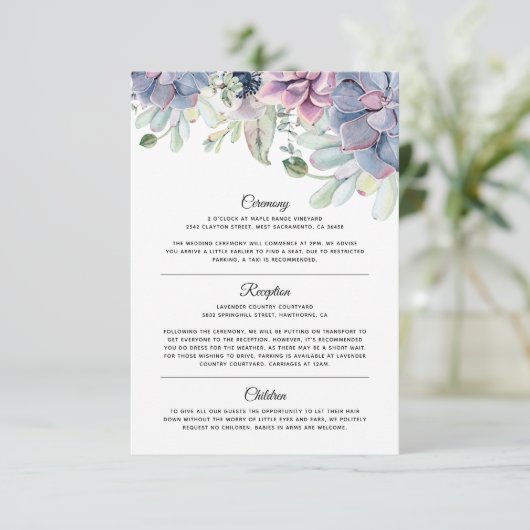 Elegante Succulent Florals Trouwinformatie Informatiekaartje (Staand voorkant)