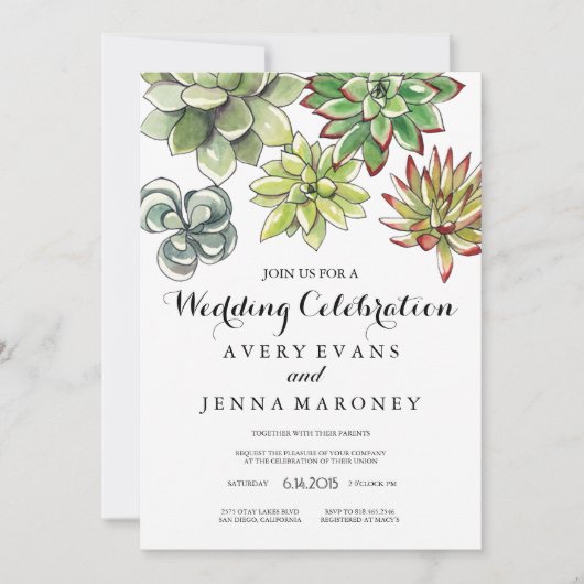 Elegante Succulent Plant Art Wedding Invitation Kaart (Voorkant)