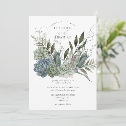 Elegante succulenten bloemenbruiloft uitnodiging (Staand voorkant)