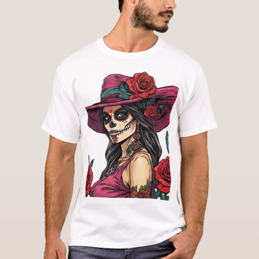 Elegante Sugar Skull Vrouw - Día de los Muertos T-shirt (Voorkant)