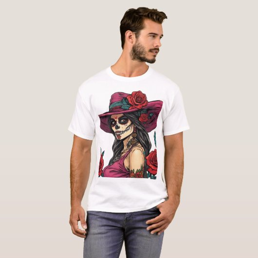 Elegante Sugar Skull Vrouw - Día de los Muertos T-shirt (Voorkant volledig)