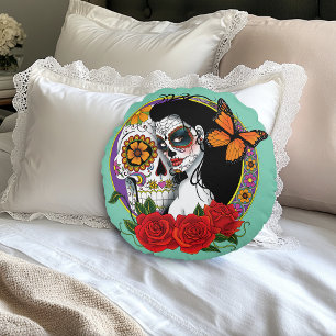 Elegante Suiker Schedels Monarch Rode Rozen Art No Rond Kussen