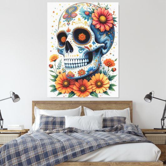Elegante suikerschedel met bloemen canvas afdruk (Insitu (Slaapkamer))