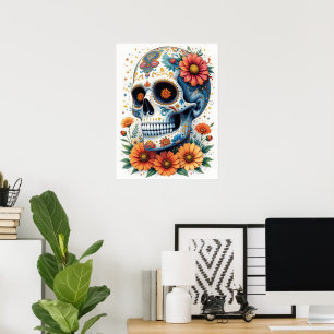 Elegante suikerschedel met bloemen poster