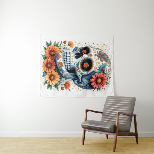 Elegante suikerschedel met bloemen wandkleed (In Situ (horizontaal))