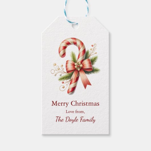Elegante Suikerstok met Rode Strik Kerstmis Cadeaulabel (Voorkant)
