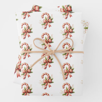 Elegante Suikerstok met Rode Strik Set van 3 Kerst Inpakpapier Vel
