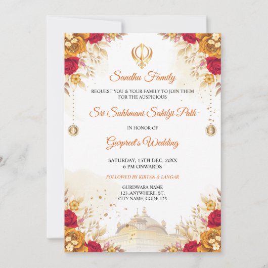 Elegante Sukhmani Sahib Path bruiloft uitnodiging (Voorkant)