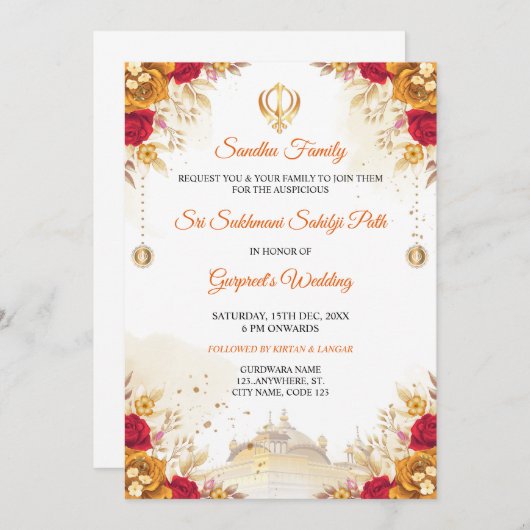 Elegante Sukhmani Sahib Path bruiloft uitnodiging (Voorkant / Achterkant)