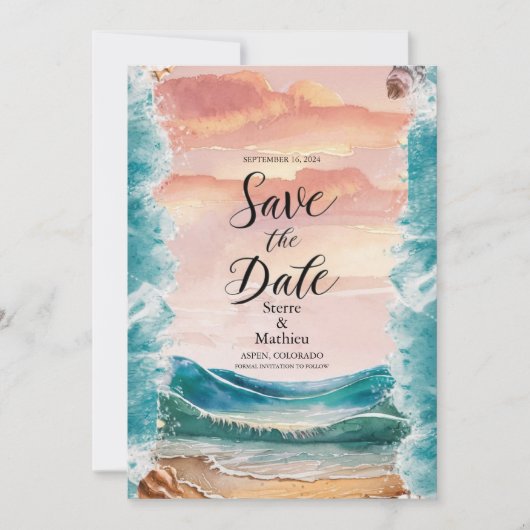Elegante Sunset Beach bruiloft Save The Date (Voorkant)