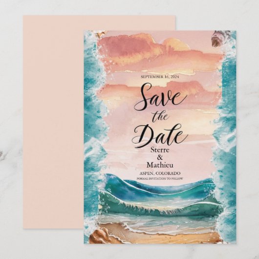 Elegante Sunset Beach bruiloft Save The Date (Voorkant / Achterkant)