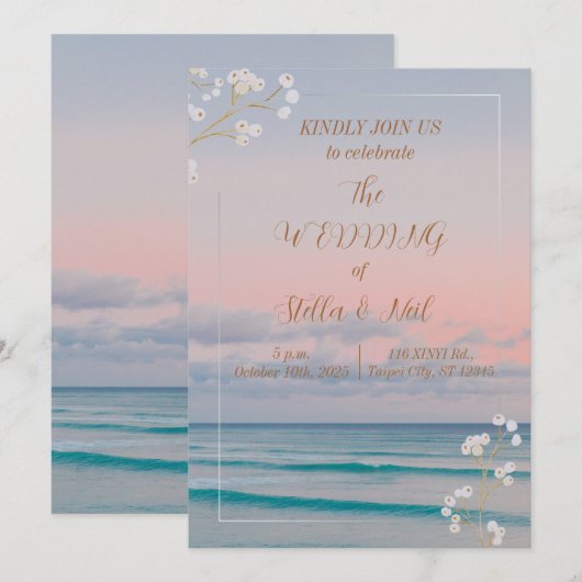 Elegante Sunset Blue Ocean Beach bruiloft uitnodig Kaart (Voorkant / Achterkant)