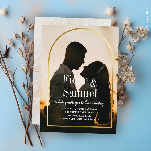 Elegante Sunset Golden Custom Photo Wedding Kaart