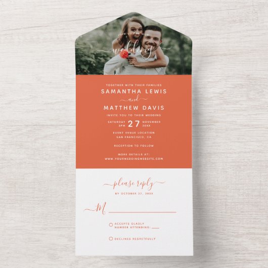 Elegante Sunset Sinaasappel Kalligrafie Fotobruilo All In One Uitnodiging (Binnen)