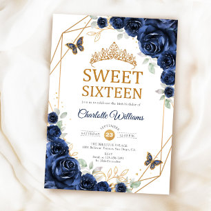 Elegante Sweet 16 Navy Blauwe Rozen Goud Kaart