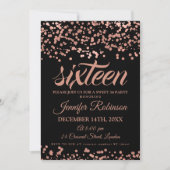 Elegante Sweet 16 Roze Goud & Zwarte Folie Confett Kaart (Voorkant)