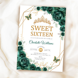 Elegante Sweet 16 Smaragdgroene Rozen Goud Kaart