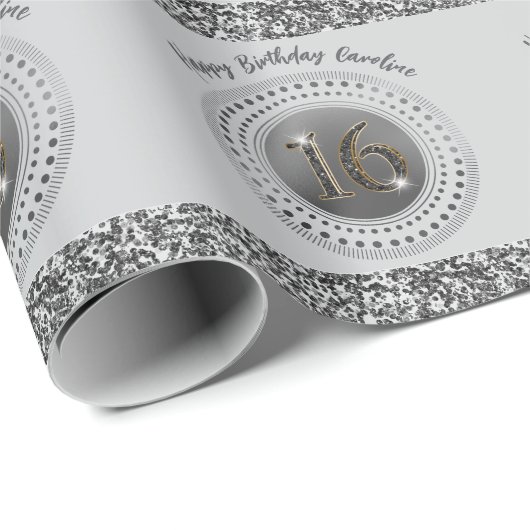 Elegante Sweet 16 Verjaardag, Black Glitter & Stri Cadeaupapier (Rol Hoek)