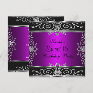 Elegante Sweet 16 Verjaardag Magenta Zwart Zilver Kaart