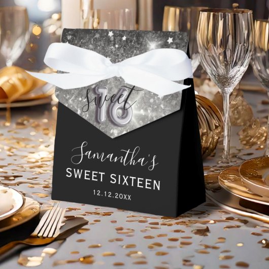 Elegante Sweet 16 Zilveren Glitter & Zwarte Verjaa Bedankdoosjes