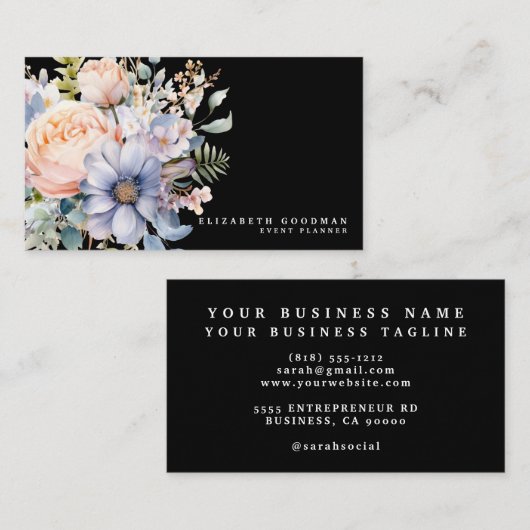 Elegante Sweet Flowers Zwarte Visitekaartjes (Voorkant / Achterkant)