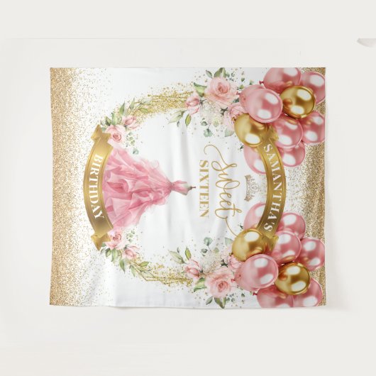 Elegante Sweet Sixteen Party Banner Blush Gold Chi Wandkleed (Voorkant (horizontaal))