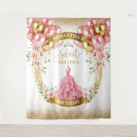 Elegante Sweet Sixteen Party Banner Blush Gold Chi Wandkleed (Voorkant)