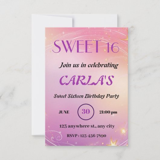 Elegante Sweet Sixteen verjaardagsuitnodiging Kaart (Voorkant)