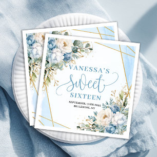 Elegante Sweet Sixteen Waterverf Blauwe Bloemen Servet